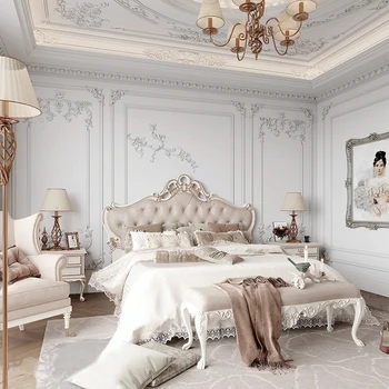 Prancūzijos šviesos prabangus kremas vėjo masyvo, medžio drožyba palace medžio masyvo lova vestuvių lova 1.8 2m didelė lova išskirtinį vertus, drožyba