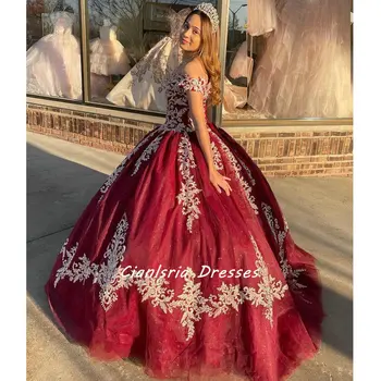 Raudona Valtis Kaklo Kristalų Appliques Nėrinių Meksikos Quinceanera Suknelę Kamuolys Suknelė nuo Peties Korsetas, Vestidos De XV Anos