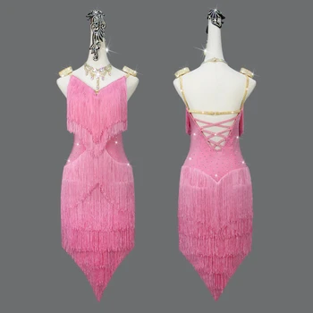 Rožinė Lotynų Šokių Suknelė Lotynų Sijonas Konkurencijos Dress Kostiumai, Atliekanti Suknelė Blizgančių Cirkonio Suaugusiųjų Pritaikyti Vaikams