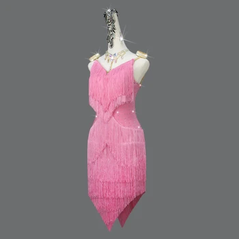 Rožinė Lotynų Šokių Suknelė Lotynų Sijonas Konkurencijos Dress Kostiumai, Atliekanti Suknelė Blizgančių Cirkonio Suaugusiųjų Pritaikyti Vaikams Nuotrauka 2