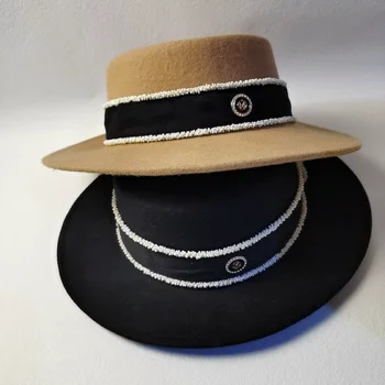 Rudenį ir žiemą Hepburn vilnos platus kraštų gręžimo m standartas skrybėlių Mados Britų derliaus elegantiškas flat top hat Nuotrauka 2