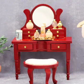 Saugoti Kūrybinis Lėlių tualetinis staliukas Modelis Žaislas Raudona Medienos Spalvų Lėlių Kabineto Realus Žaisti Nuotrauka 2