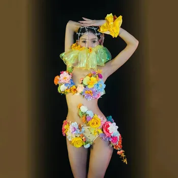 Seksualus Klubas Šalies Rodyti Rave Komplektus Geltonos Gėlės Bikini Cirkonio Galvos Apdangalai Vykdymo Etapą Dėvėti Festivalis Gogo Šokių Kostiumas