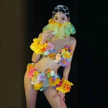 Seksualus Klubas Šalies Rodyti Rave Komplektus Geltonos Gėlės Bikini Cirkonio Galvos Apdangalai Vykdymo Etapą Dėvėti Festivalis Gogo Šokių Kostiumas Nuotrauka 2