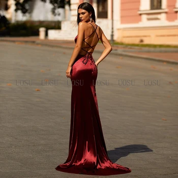 Seksualus Vakarinę Suknelę 2022 Ilgai Bordo Spagečiai Dirželiai Undinė Vakare Gown Satino Backless Pusėje Ritininės Paprasta Vestuvės Dress Nuotrauka 2