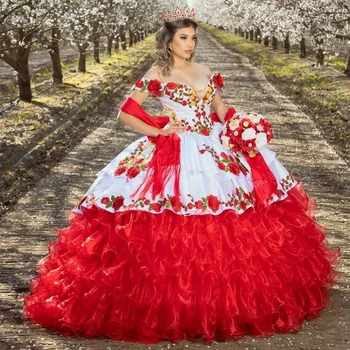 Spalvingas Siuvinėjimo Raudona Quinceanera Suknelės nuo Pečių Lankas Skirtingos Satino Kamuolys Suknelė Saldus vestidos de 15 años