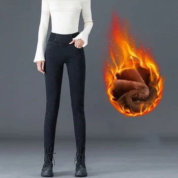 Tampri Juosmens Džinsai Moterų Žiemos Plius Aksomo Šiltas Korėja Mados Korsetas Džinsinio Audinio Kelnės Rudenį Streetwear Slim Derliaus Pieštuku Kelnės Nuotrauka 2