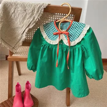 Vaikiška Mergaitė Peter Pan Apykaklės Suknelė Žalia Kūdikiams Ilgomis Rankovėmis Vienas Gabalas Suknelės Mergaičių Drabužiai Nuo 1 Iki 7 Metų Vaikams Laisvalaikio Drabužiai