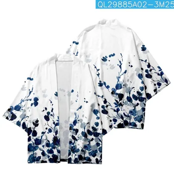 Vasaros Japonijos Mados Gėlių Spausdinti Balti Laisvi Kimono Streetwear Cardigan Drabužius, Moterims, Vyrams Haori Viršuje Yukata