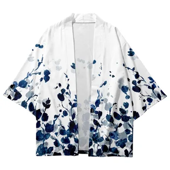 Vasaros Japonijos Mados Gėlių Spausdinti Balti Laisvi Kimono Streetwear Cardigan Drabužius, Moterims, Vyrams Haori Viršuje Yukata Nuotrauka 2