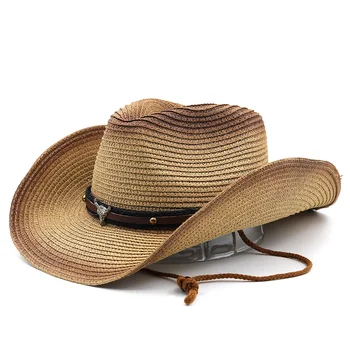 Vasaros Kaubojus Vyrų Paplūdimio Skrybėlę Panama Kepurė Atsitiktinis Trilby Fedora Skrybėlę Vyrų Šiaudų Skrybėlę UV Apsauga Platus Kraštų Sombrero Nuotrauka 2