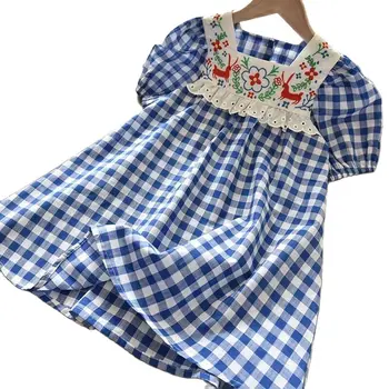 Vasaros korėjos Mergina Suknelė Mėlynos spalvos Pledas Siuvinėjimo Mažai Vaikų Burbulas Trumpas Rankovės Princesė Suknelės 2-6 Metų