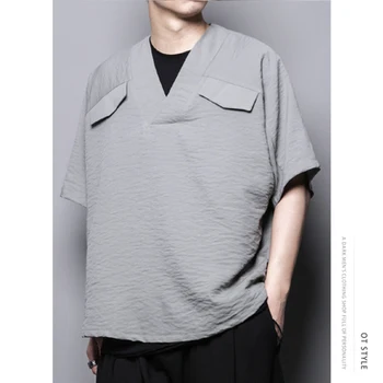 Vasarą naujas japonų stiliaus atsitiktinis retro kanapių ledo v-kaklo marškinėliai marškinėliai prarasti trumparankoviai marškinėliai vyriški tendencija