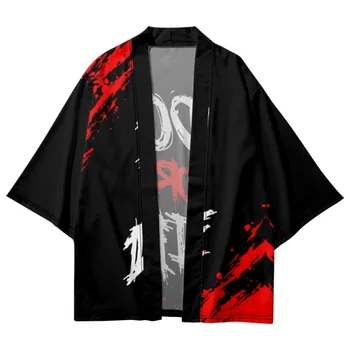 Vasarą Vyrai Black Print Megztinis Švarkas Vyras Haori Azijos Kimono Yukata Ir Šortai Nustatyti Samurajų Kostiumus Streetwear Nuotrauka 2