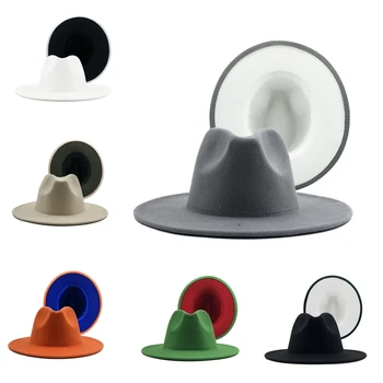 Vata, veltinys top hat moterų fedora skrybėlę platus kraštų rudenį skrybėlių mados dirbtinė vilna žiemos dviejų spalvų mokymo retro džiazo skrybėlę Nuotrauka 2