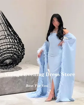 Verngo Elegantiškas Dangus Mėlynas Šifono Plunksnos Rankovėmis Ir Ilgos Vakarinės Suknelės Undinė Dubajus Arabų Moterų Oficialią Šalies Prom Chalatai Nuotrauka 2