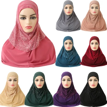 Vienas Gabalas Amira Moterų Musulmonišką Hidžabą Turbaną Nėrinių Kalnų Krištolas Galvos Apdangalai Islamo Galvos Skara Skara Wrap Traukti Nešioti Hijabs