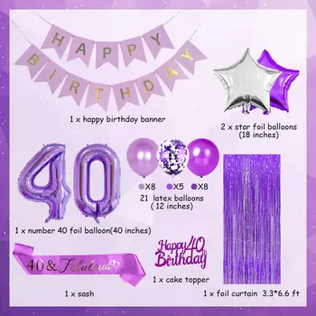 Violetinė 40 Gimtadienio Dekoracijas Moterims su Violetine Skaičius 40 Balionas Laimingas 40 Gimtadienio Tortas Topper 40 Pasakų Varčios