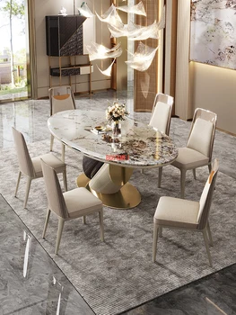 Šviesos prabangus valgomasis stalas ir kėdės derinys namų ūkio paprastas ovalo formos valgomojo stalas, post-modernus Honkongo marmuro stalas